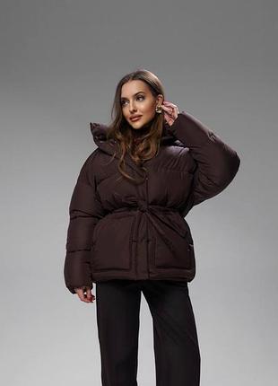 Теплый зимний пуховик с поясом до -20°, женский дутый пуховик на зиму шоколад, зимняя объемная куртка пуховик, alin