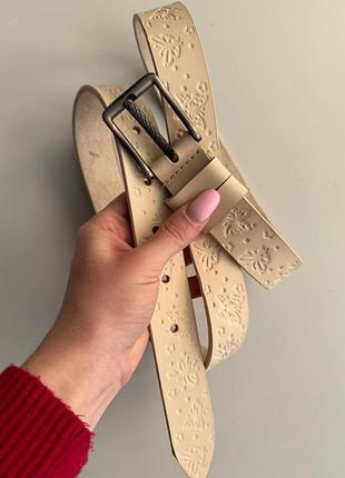 Ремень бежевый 3см натуральная кожа в шорты, ремень женский классический из кожи под платье, ремень классика брючный пояс кожаный с бабочками