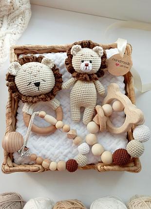 Большой набор для малыша, игрушка лев, погремушка, грызунок прорезыватель, держатель для пустышки