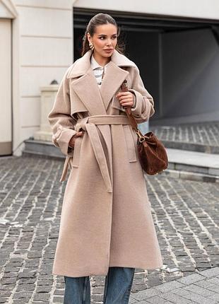Пальто на запах с легким ворсом бежевое | 91915