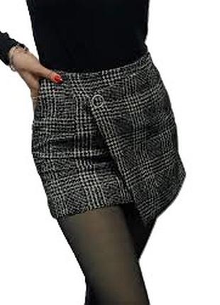 41% шерсть. женская теплая шерстяная твидовая юбка divided від h&m запах принт гусиная лапка клетка