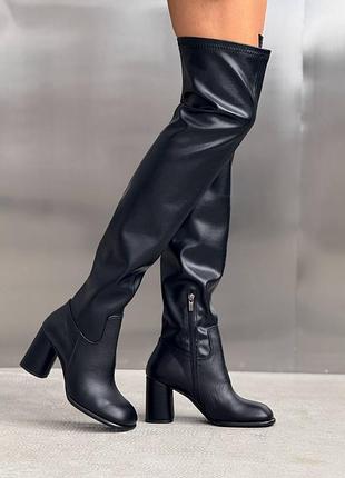 Premium! женские кожаные черные ботфорты демисезонные деми сапоги чулки на флисе натуральная