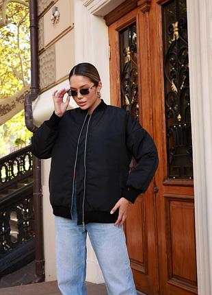 Осенний бомбер свободного кроя на синтепоне 150 черный, женская куртка бомбер на осень, 7087