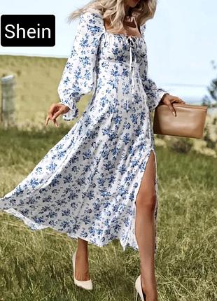 Сукня жіноча максі розкльошона біла в синій квітковий принт від бренду shein m l xl
