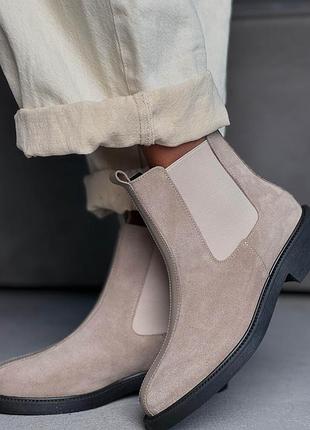 Женские замшевые ботинки сапоги цвет бежевый натуральная замша
