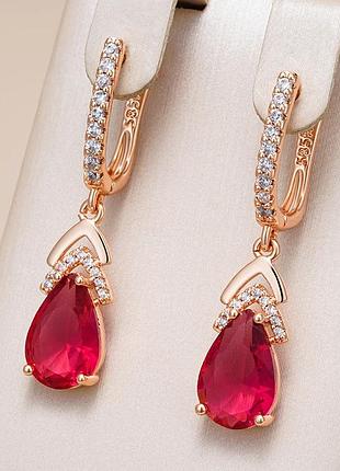 Сережки-підвіски з блискучою червоною краплею води для жінок, кольору рожевого золота 585 проби.