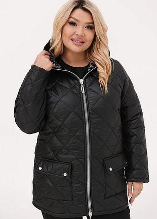 Жіноча стьобана демі куртка з капюшоном чорна, синя, графіт , лаванда 50-52, 54-56, 58-60, 62-64