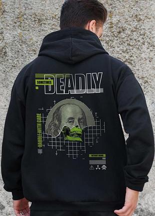 Мужское утепленное зип худи на флисе зипер с принтом deadly without kane black