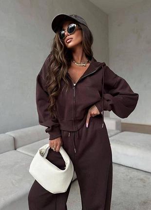 Стильний жіночий повсякденний костюм зіп худі на блискавці з капюшоном та штани палаццо вільного крою на резинці