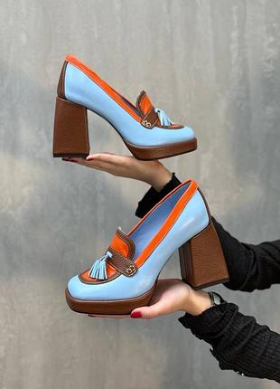 Туфлі з італійської шкіри на платформі каблуках руді помаранчеві блакитні жіночі