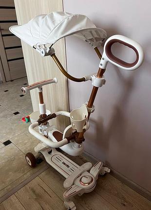 Самокат з навісом 5 в 1 maraton 8028 самокат з захисним бортиком бампером з батьківською ручкою білий молочний