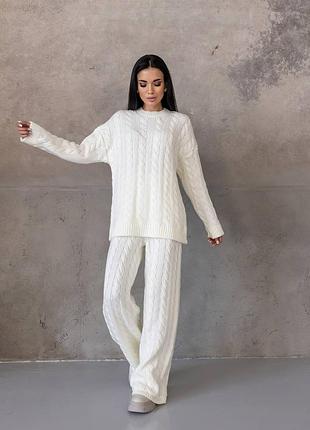 50% вовна теплий в коси вязаний трикотажний брючний костюм оверсайз светр світер і штани палаццо на високій талії