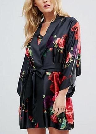 Черный сатиновый атласный халат кимоно в цветы, премиум бренд, с длинным рукавом с поясом