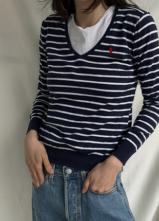 Свитер джемпер ralph lauren темно-синий в белую полоску, v-образный вырез, 100% хлопок, р-р м