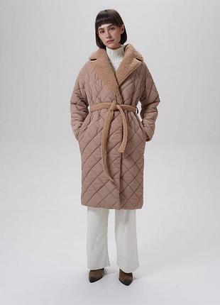 Теплое стеганое пальто с меховым воротником капюшоном, пальто на осень зима с поясом, теплое женское пальто, alin