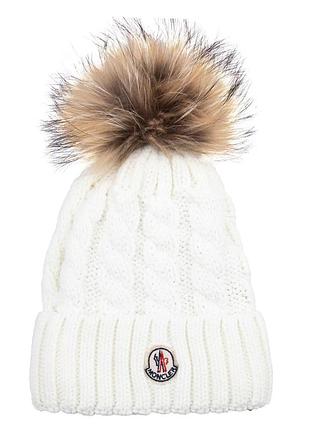 Шапка біла в'язана жіноча moncler з помпоном монклер зимова люкс якість