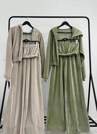 Стильный женский спортивный костюм-тройка (кофта + топ + штаны) велюр 42-44, 46-48