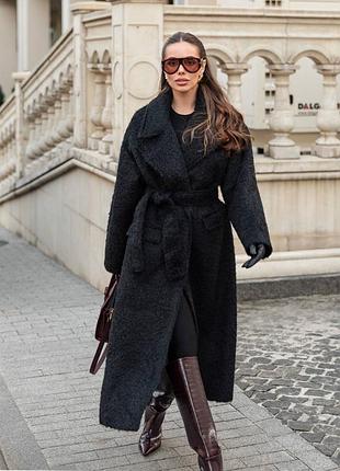 Демисезонное пальто с ворсом на запах черное | 91948