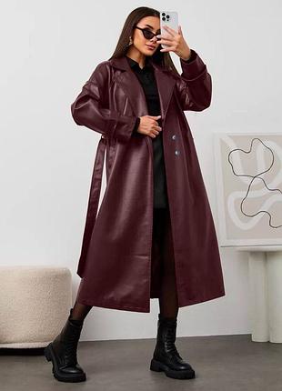 Трендовий жіночий тренч довгий на підкладці з еко шкіри у комплекті з поясом
