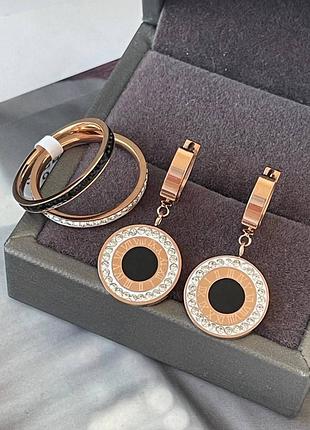 Набор медсталь, серьги и двойное кольцо, римские цифры черный круг