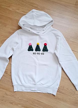 Батник худи толстовка белого цвета с принтом новогодним (шапочки- елочки) для девочки на рост 152-158см