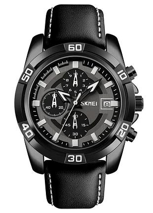 Годинник наручний skmei 9156 original шкіряний ремінець (black black)-lvr