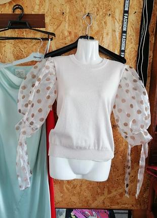 Трикотажна блуза пишний об'ємний рукав горох