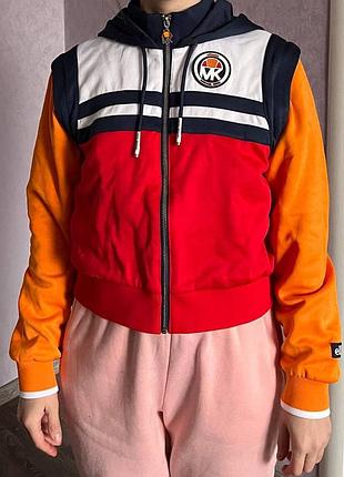 Куртка бомбер жіноча демісезонна коротка з капюшоном michael kors x ellesse розмір s біла синя помаранчева червона спортивна куртка