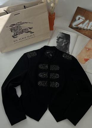 Крутейший женский чёрный укороченный пиджак, жакет с камнями