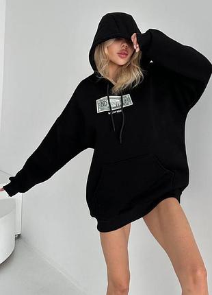 Трендовый теплый худи оверсайз на флисе с принтом рюкзака no million give my money