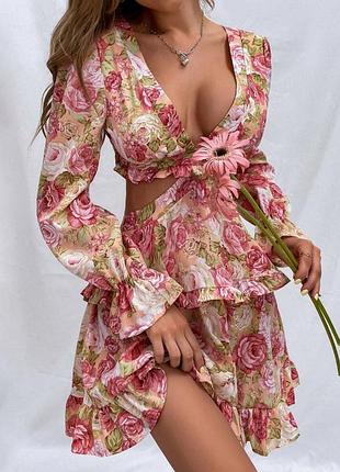 Красивое романтичное летнее цветочное платье с рюшами с открытой талией shein
