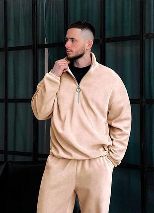 Стильний чоловічий термо костюм двійка з щільного флісу кофта з горловиною на блискавці та штани джогери на резинках