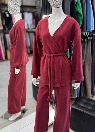 Бордовий ангоровий костюм двійка короткий кардиган з поясом та штани 5167