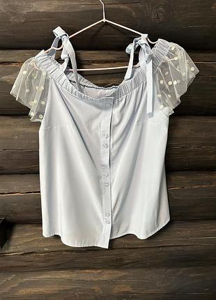 Жіноча блуза tempo, ніжно блакитного кольору, з відкритими плечима, короткий рукав сітка, на ґудзиках, розмір m