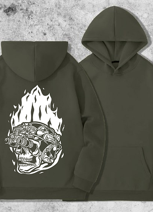 Чоловічий худі на флісі з принтом череп у вогні , хакі w896