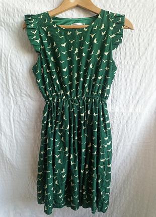 Легкое синтетическое платье на резинке, принт у птиц