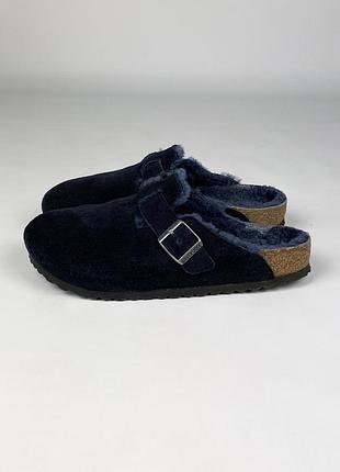 Сабо слипони birkenstock boston shearling dark blue шкіряні закриті темно сині замшеві теплі з овчини замові босоніжки тапки розмір 41 / 26 - 26.5 см