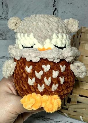 Мягкая игрушка вязаная ручной работы амигуруми сова сплюшка hand made 12 cм коричневая