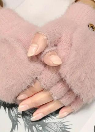 Розовые, пудровые перчатки перчатки митенки пушистые