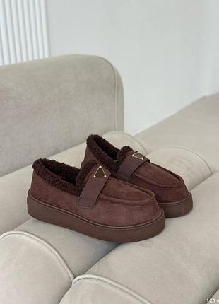 Лофери жіночі зимові утеплені, еко-замша, шоколадного кольору