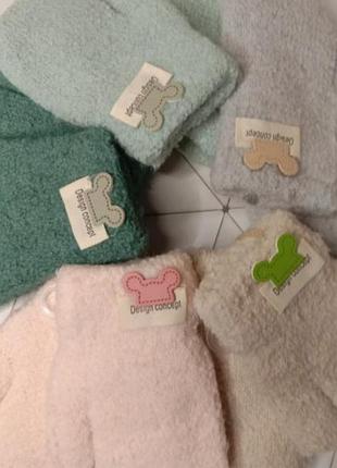 Теплые зимние перчатки для деток 1 2 3 года, двойные. тедди плюшевые