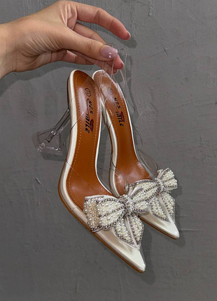 Их немного!!️туфли лодочки вечерние с бантиком белые прозрачные с силиконом голая ножка с острым носом