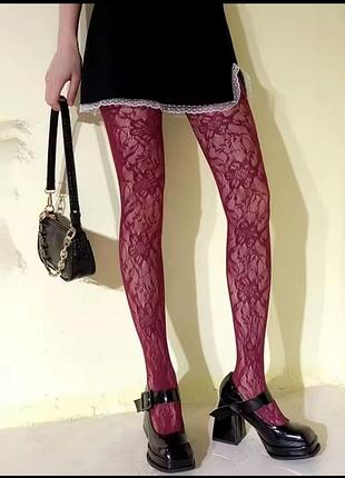 Колготки бордові мереживні сіточка