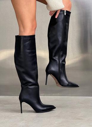 Натуральная кожа, трендовые черные женские деми сапоги на каблуке