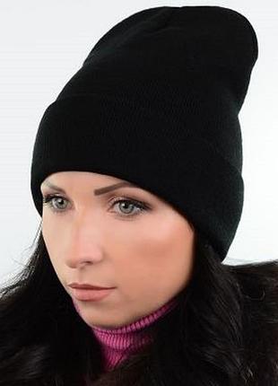Черная женская мужская шапка пустая теплая двухслойная с отворотом унисекс