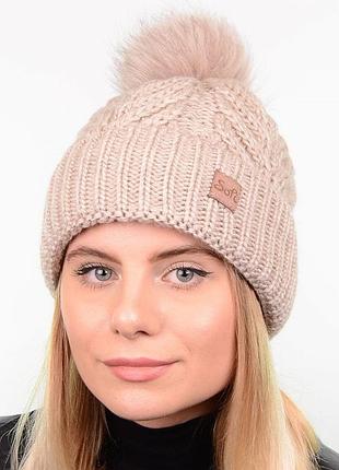 Жіноча зимова шапка з помпоном в'язана на флісі бежева
