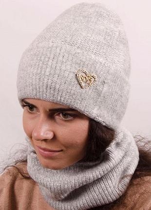 Жіночий набір з теплої шапки та хомута (бафф) світло-сірий