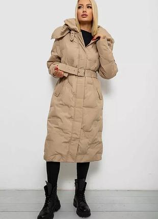 Бежевий пуховик міді довга куртка зима бежева куртка зима зимове пальто з поясом куртка міді