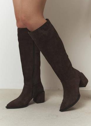 Коричневі шоколадні натуральні замшеві демісезонні демі осінні чоботи на середніх товстих підборах з гострим носом осінь замша шоколад