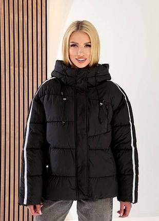 Жіноча дуже тепла зимова куртка з наповнювачем біопух на кулісках з капюшоном на замку